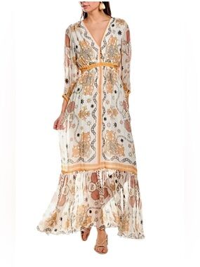 Sandro Paris Valldemossa Ecru Metallic Maxi Dress Size 40